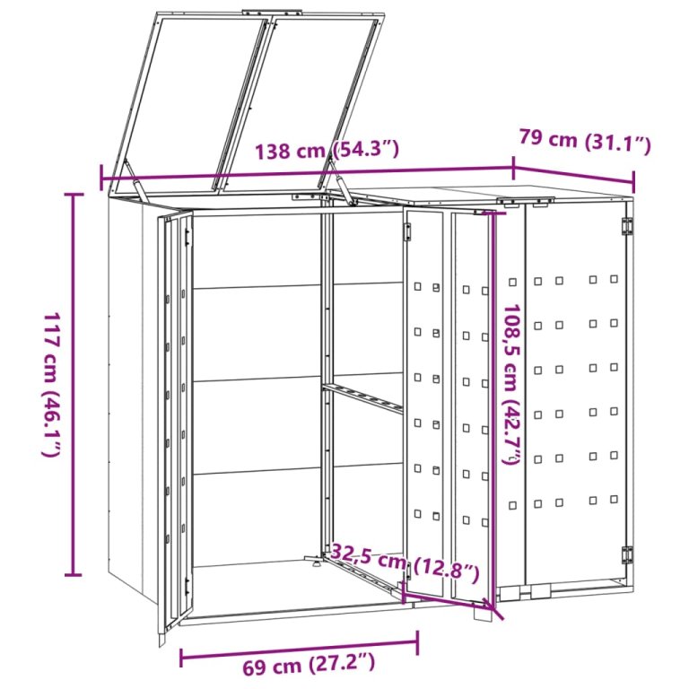 fekete acél kerekes tároló 2 szemeteskukához 138 x 79 x 117 cm