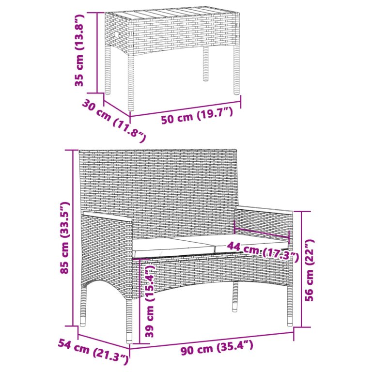 2 személyes szürke polyrattan kerti pad párnákkal és asztallal