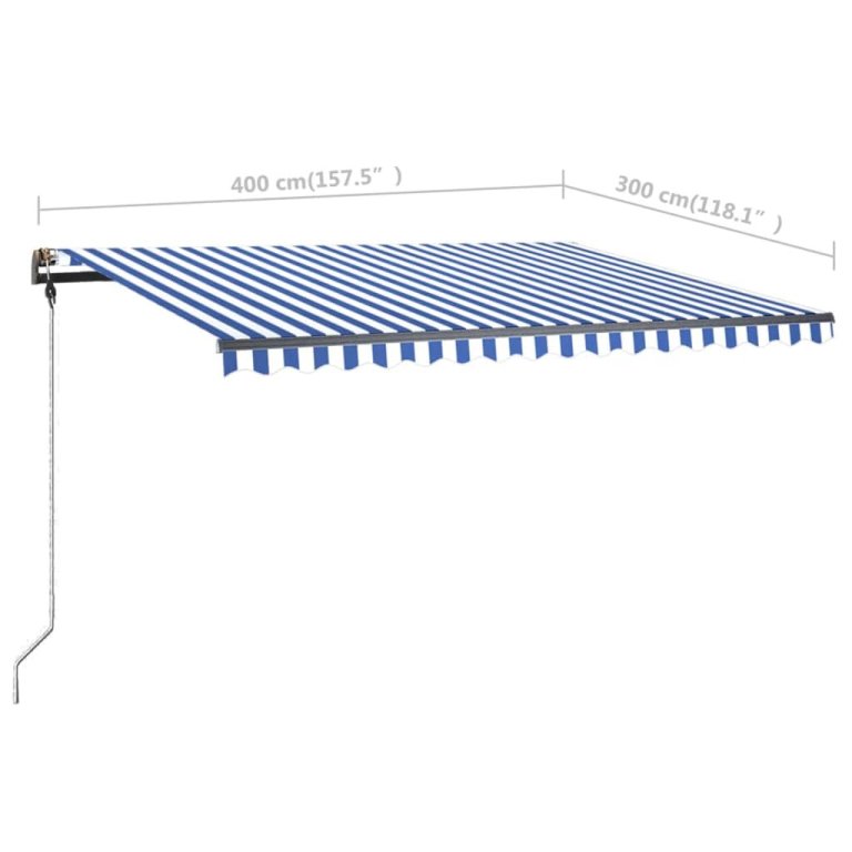 kék és fehér kézzel kihúzható póznás napellenző 400 x 300 cm