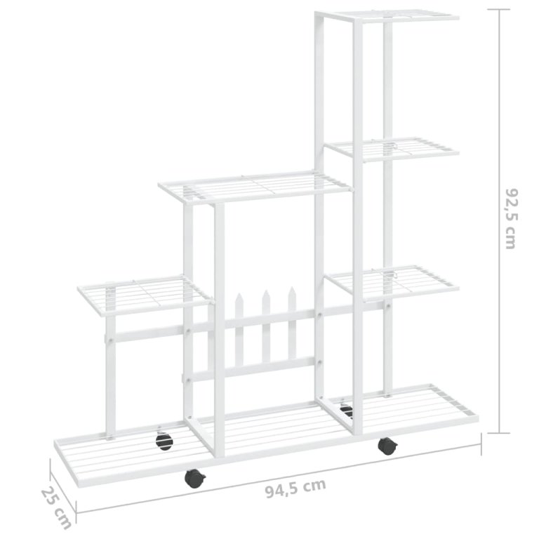 fehér acél virágtartó állvány kerékkel 94,5 x 25 x 92,5 cm