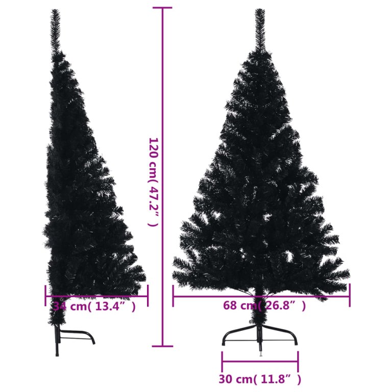 fekete PVC fél műkarácsonyfa állvánnyal 120 cm