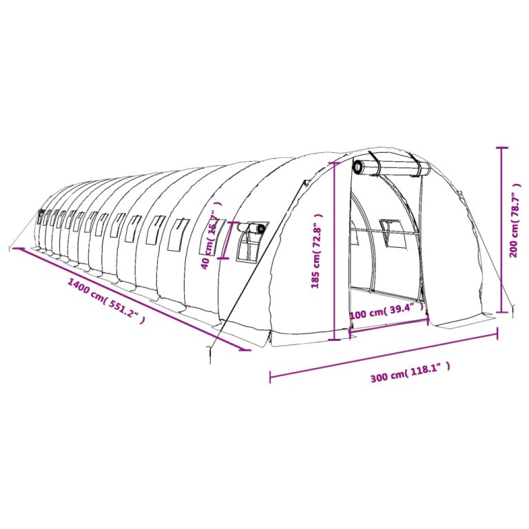 fehér acélvázas melegház 42 m² 14 x 3 x 2 m