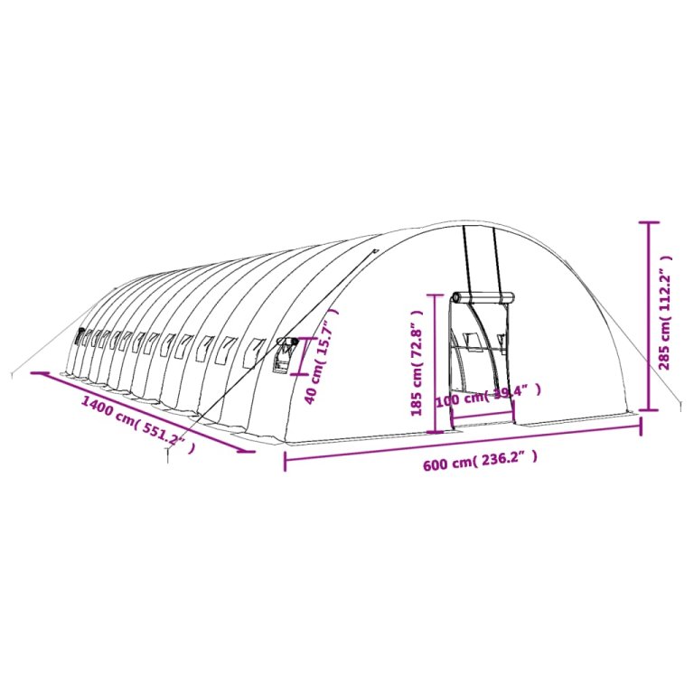 zöld acélvázas melegház 84 m² 14 x 6 x 2,85 m