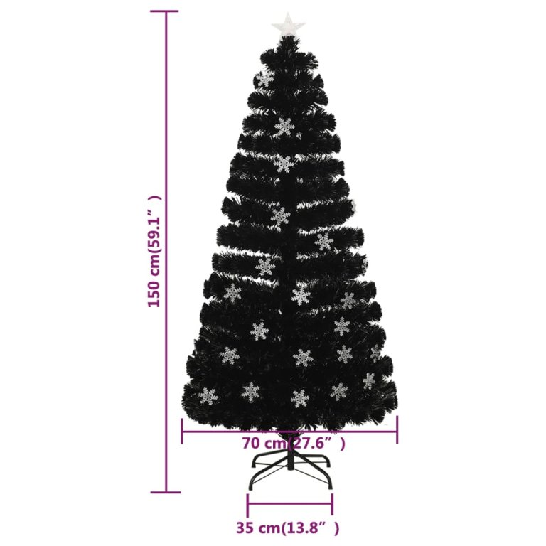 fekete száloptikás karácsonyfa LED-es hópelyhekkel 150 cm