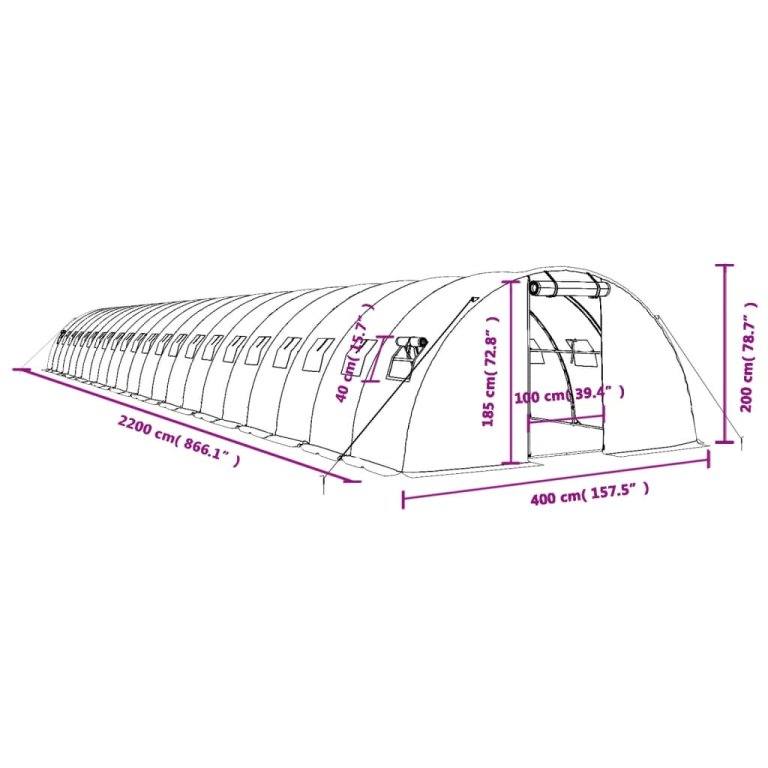 fehér acélvázas melegház 88 m² 22x4x2 m