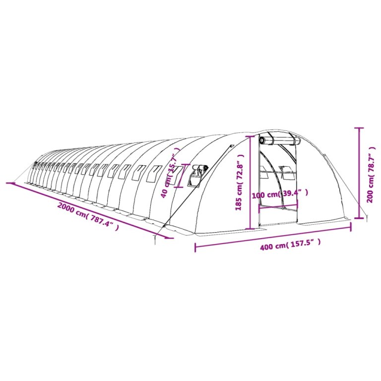 zöld acélvázas melegház 80 m² 20 x 4 x 2 m