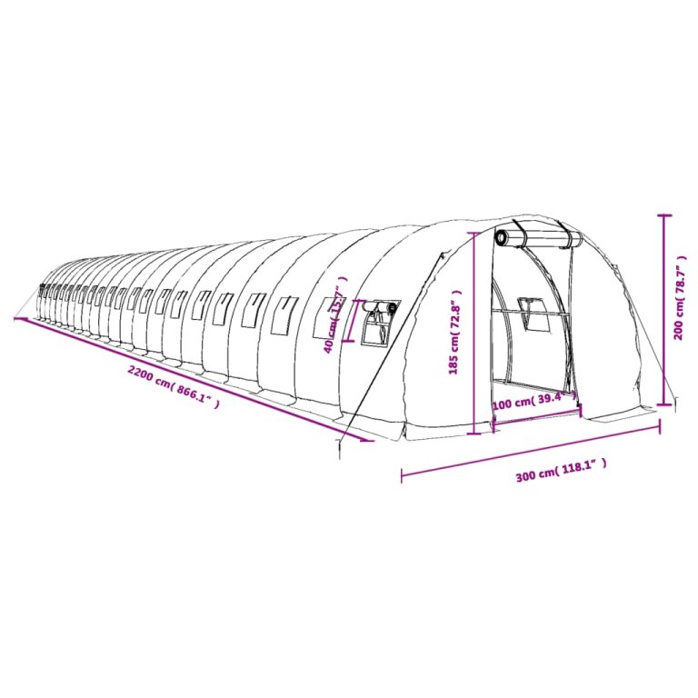 zöld acélvázas melegház 66 m² 22 x 3 x 2 m