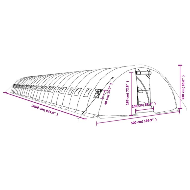 fehér acélvázas melegház 120 m² 24 x 5 x 2,3 m