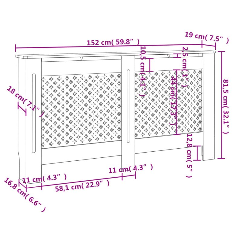 fehér MDF radiátorburkolat 152 x 19 x 81,5 cm