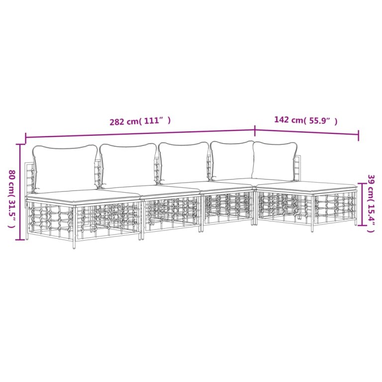 5 részes antracitszürke polyrattan kerti ülőgarnitúra párnákkal