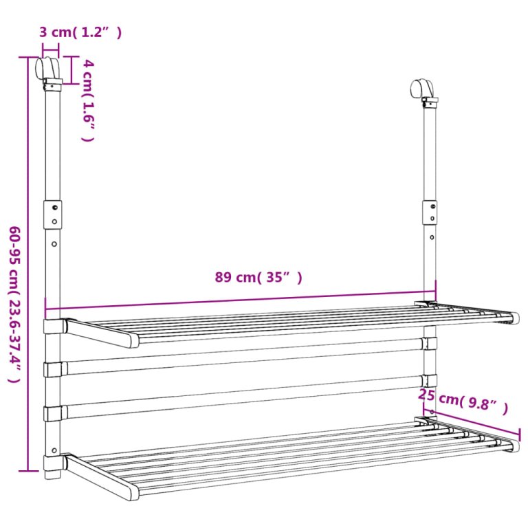 alumínium erkély ruhaszárító 89 x 25 x (60-95) cm