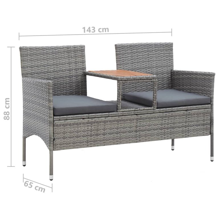 kétszemélyes szürke polyrattan kerti pad teázóasztallal 143 cm