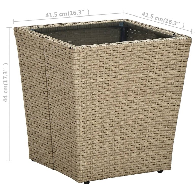 bézs polyrattan és edzett üveg dohányzóasztal 41,5x41,5x44 cm