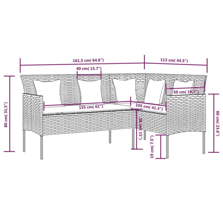 fekete polyrattan L-alakú kanapé párnákkal