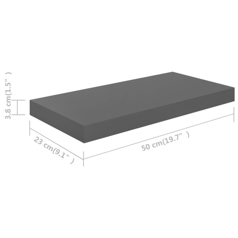 2 db magasfényű szürke MDF lebegő fali polc 50 x 23 x 3,8 cm