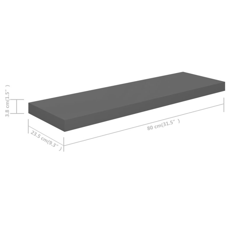 4 db magasfényű szürke MDF lebegő fali polc 80 x 23,5 x 3,8 cm