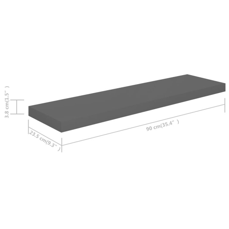 4 db magasfényű szürke MDF lebegő fali polc 90 x 23,5 x 3,8 cm