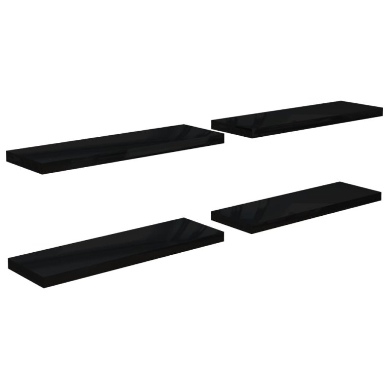 4 db magasfényű fekete MDF lebegő fali polc 80 x 23,5 x 3,8 cm