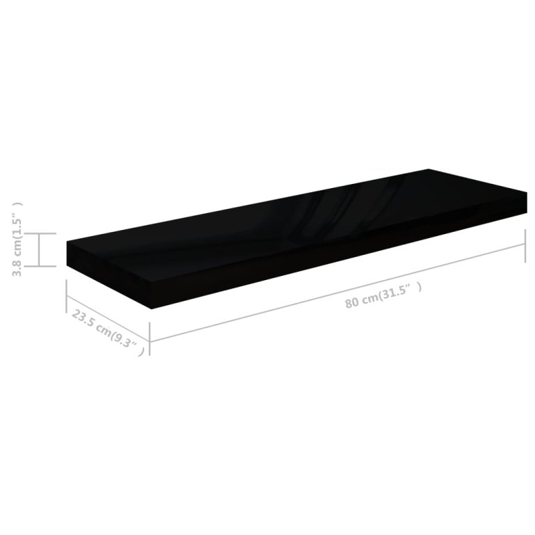 4 db magasfényű fekete MDF lebegő fali polc 80 x 23,5 x 3,8 cm