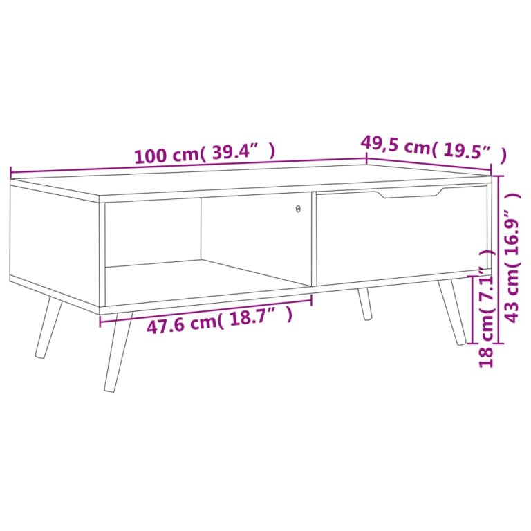 füstös tölgy színű szerelt fa dohányzóasztal 100 x 49,5 x 43 cm