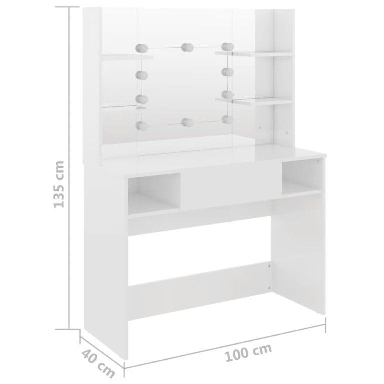 fényes fehér LED-es MDF sminkasztal 100 x 40 x 135 cm