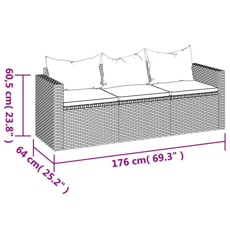 3 személyes barna polyrattan kerti kanapé párnával