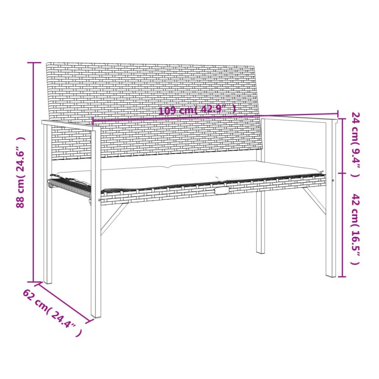 fekete 2-személyes polyrattan kerti pad párnával