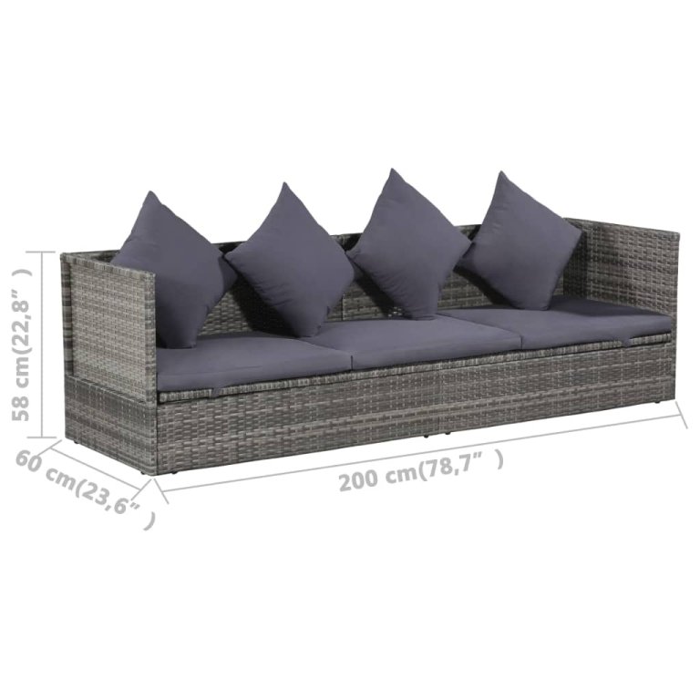 szürke polyrattan kerti ágy 200 x 60 cm