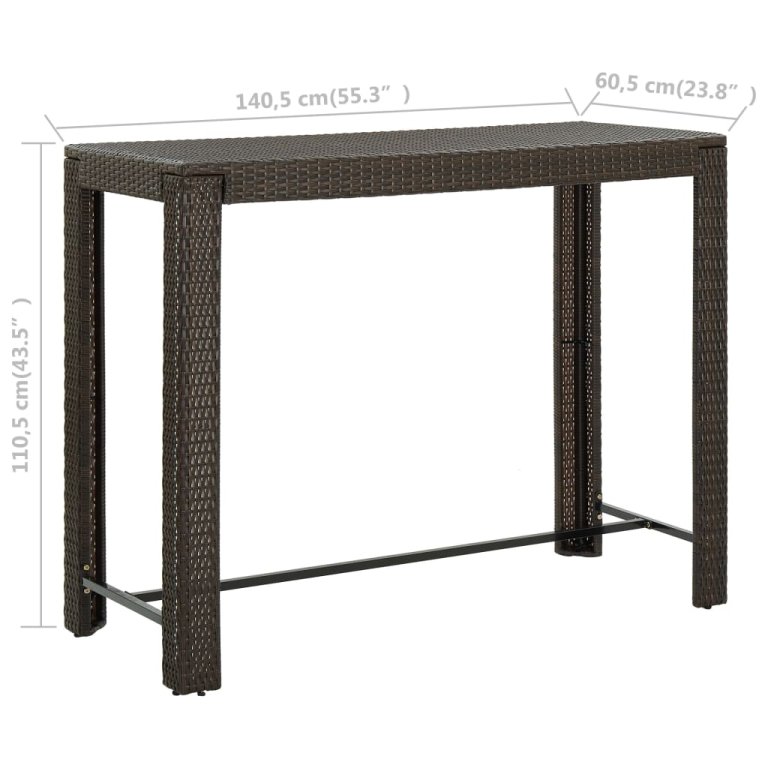 barna polyrattan kerti bárasztal 140,5 x 60,5 x 110,5 cm