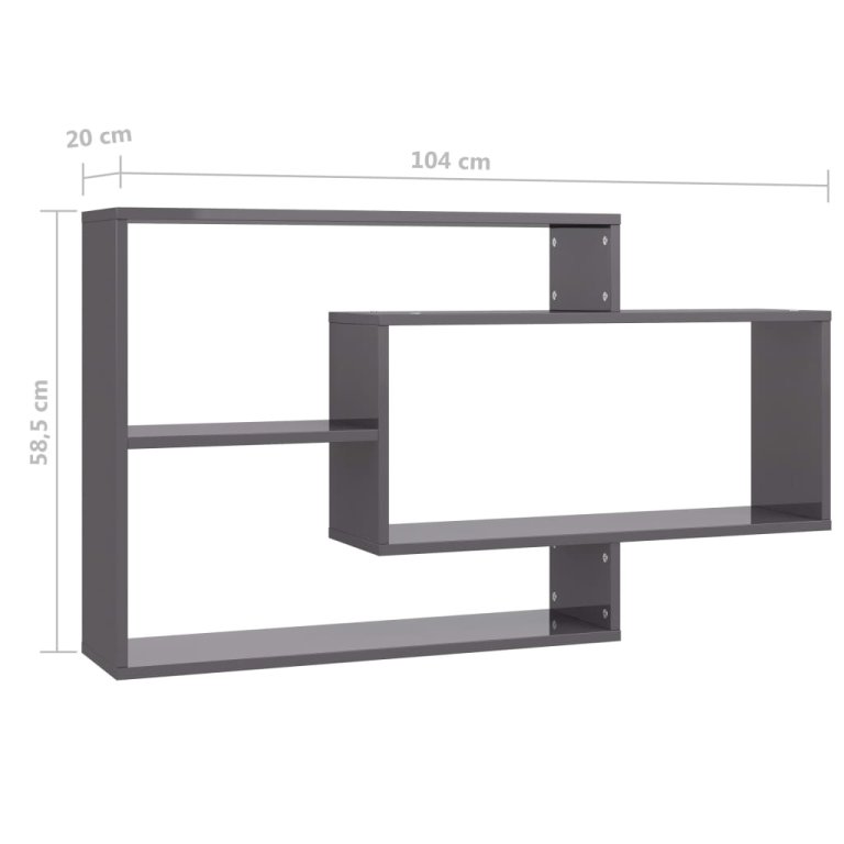 magasfényű szürke szerelt fa fali polc 104 x 20 x 58,5 cm