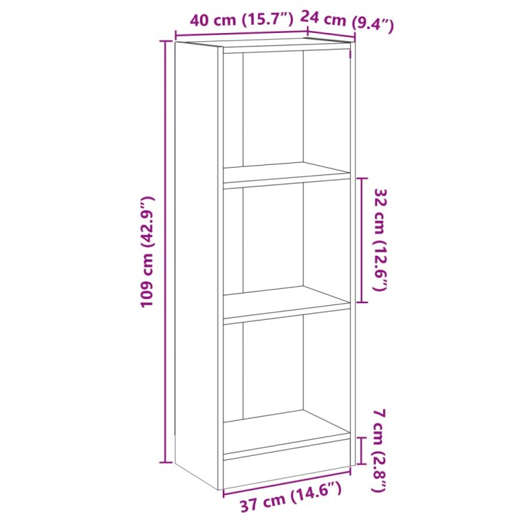 3 szintes fekete szerelt fa könyvszekrény 40 x 24 x 109 cm