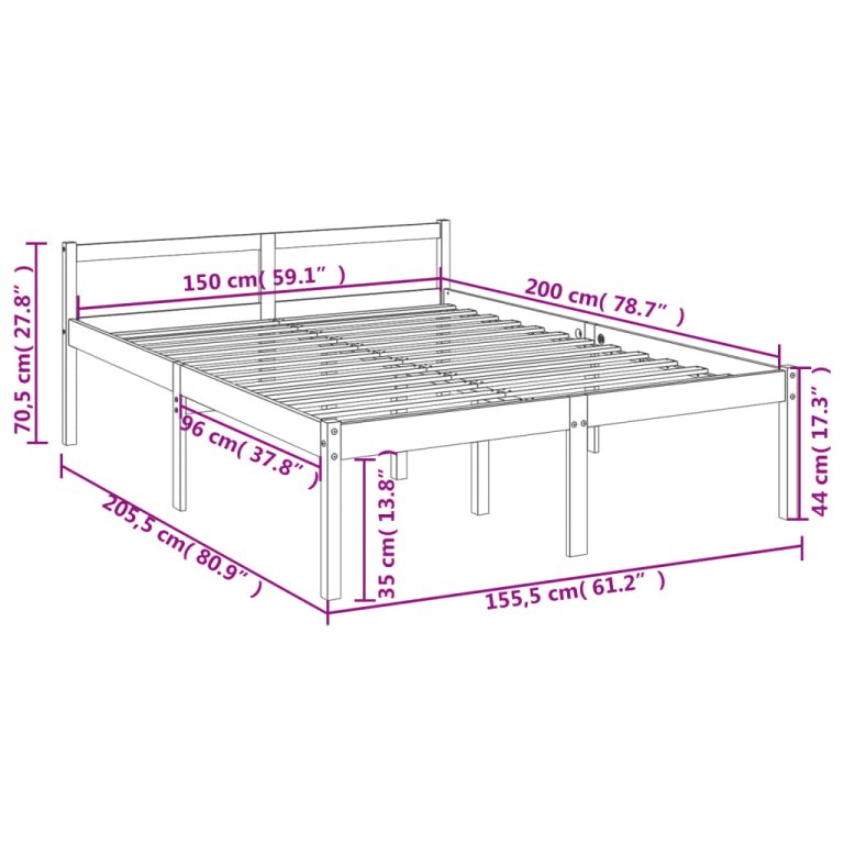 King Size fekete tömör fenyőfa ágy időseknek 150 x 200 cm