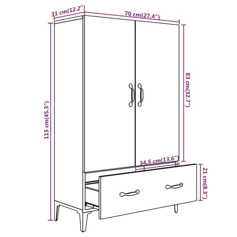 betonszürke szerelt fa magasszekrény 70 x 31 x 115 cm