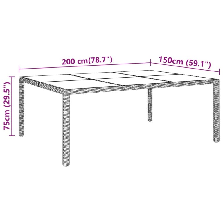 bézs polyrattan és edzett üveg kerti asztal 200 x 150 x 75 cm