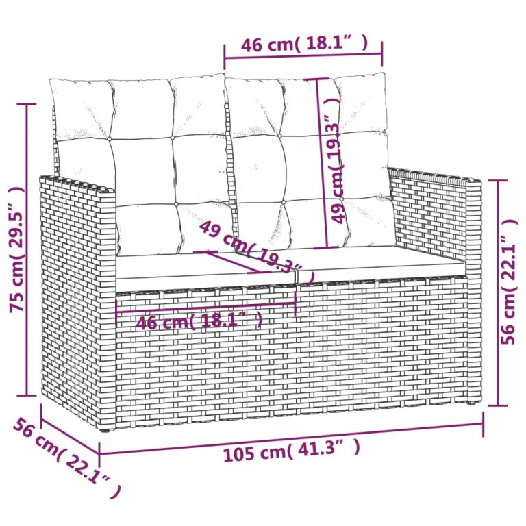 fekete polyrattan kerti pad párnákkal 105 cm