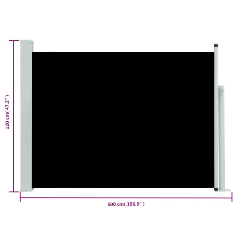 fekete behúzható oldalsó teraszi napellenző 120 x 500 cm