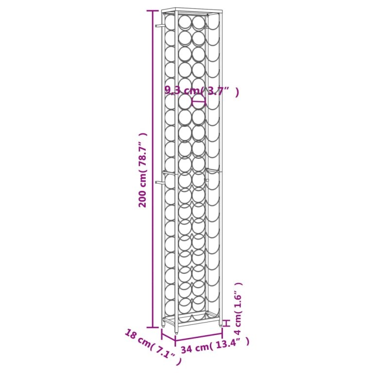 fekete kovácsoltvas bortartó 57 palackhoz 34 x 18 x 200 cm