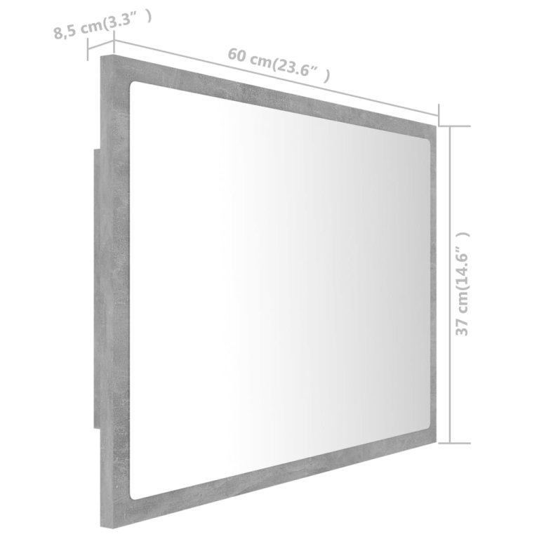 betonszürke akril LED-es fürdőszobatükör 60x8,5x37 cm