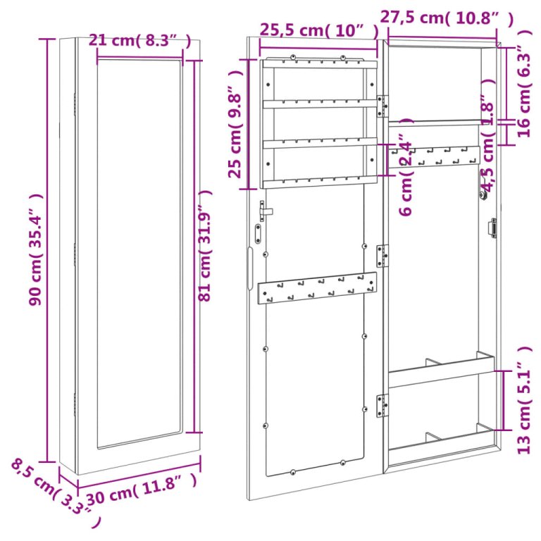 fekete falra szerelhető tükrös ékszerszekrény 30x8,5x90 cm