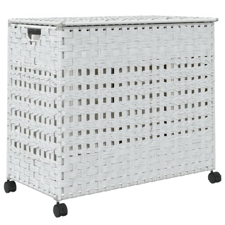 fehér rattan szennyeskosár kerekekkel 66x35x60 cm