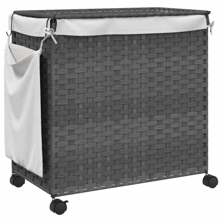 szürke rattan szennyeskosár kerekekkel 60x35x60,5 cm