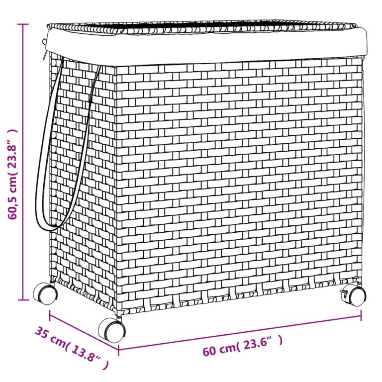 szürke rattan szennyeskosár kerekekkel 60x35x60,5 cm