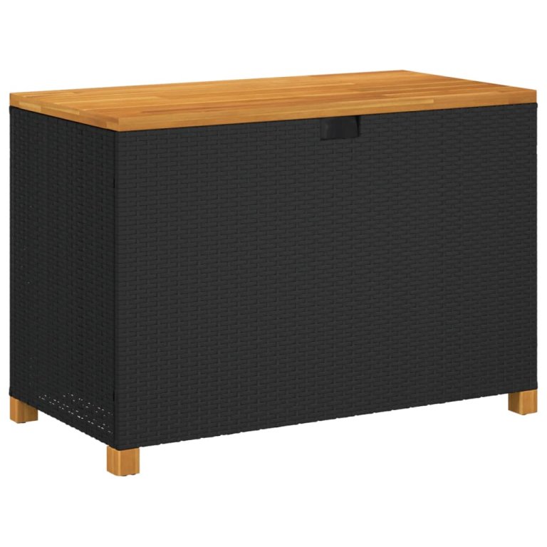 fekete polyrattan és akácfa kerti tárolóláda 110 x 55 x 63 cm