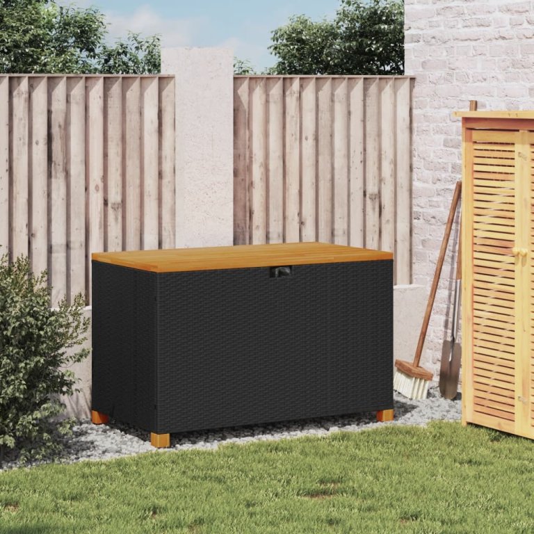 fekete polyrattan és akácfa kerti tárolóláda 110 x 55 x 63 cm