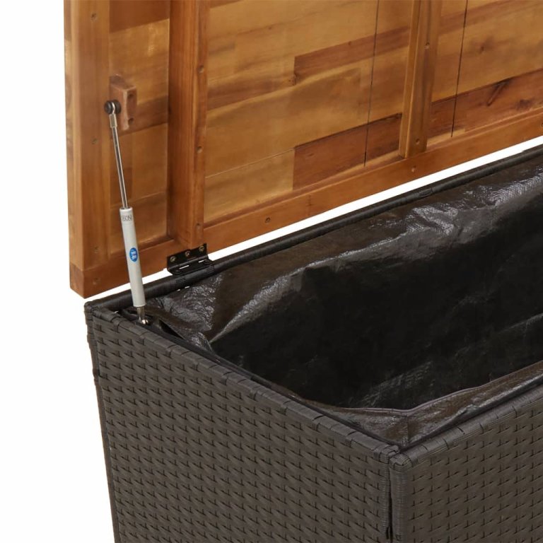 fekete polyrattan és akácfa kerti tárolóláda 110 x 55 x 63 cm