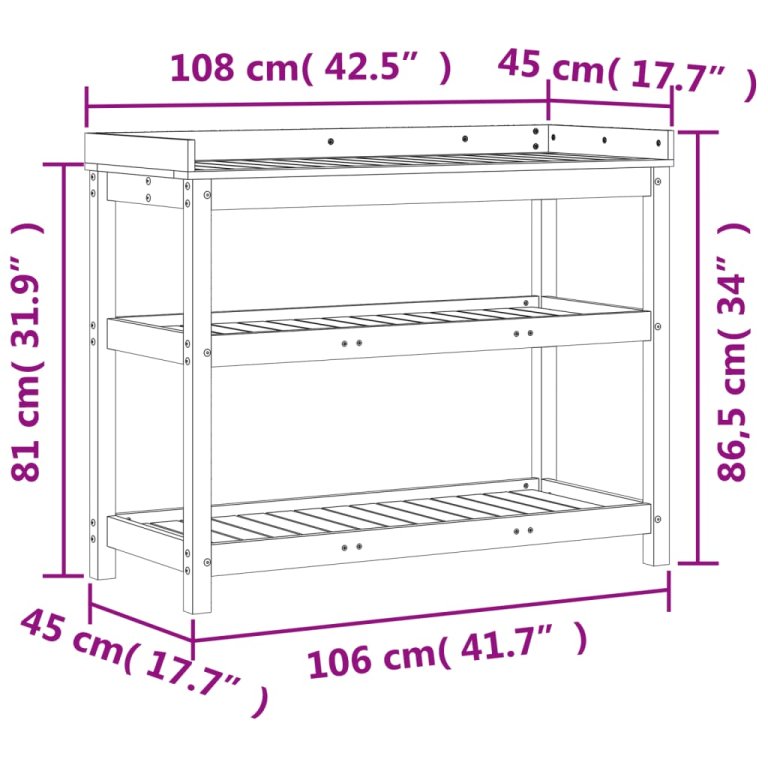 fehér tömör fenyőfa ültetőasztal polcokkal 108 x 45 x 86,5 cm