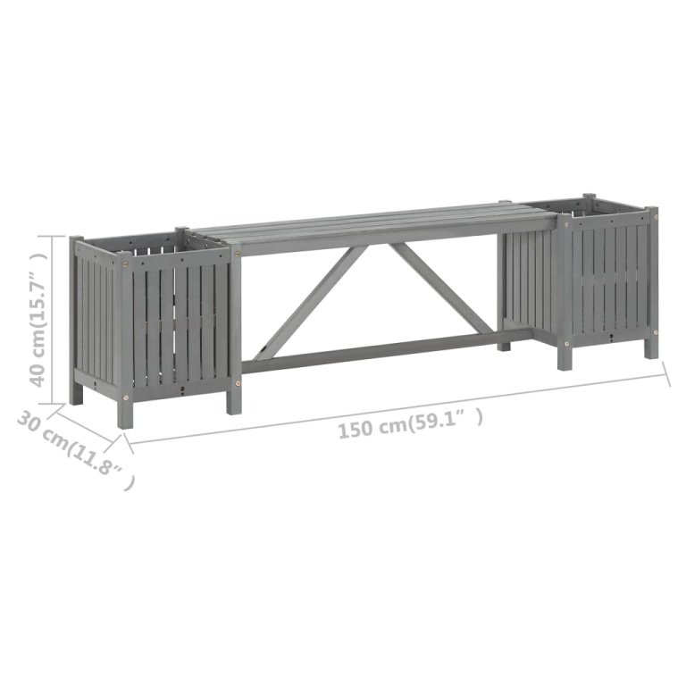 szürke tömör akácfa kerti pad 2 virágtartóval 150 cm