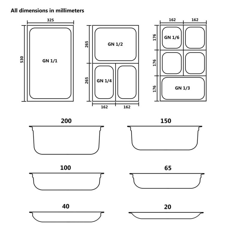 12 db rozsdamentes acél Gasztronorm edény GN 1/6 65 mm