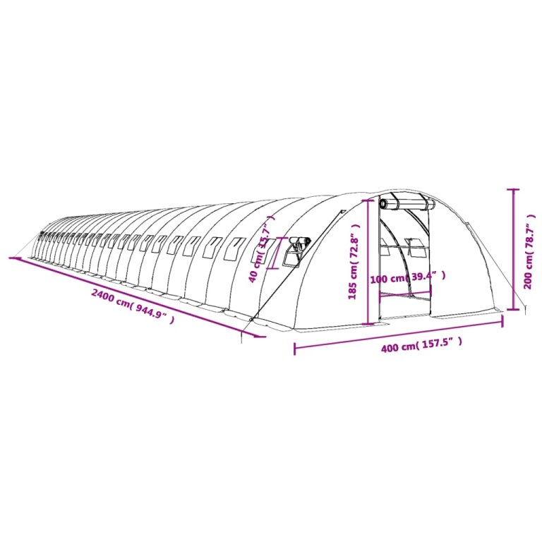 zöld acélvázas melegház 96 m² 24 x 4 x 2 m