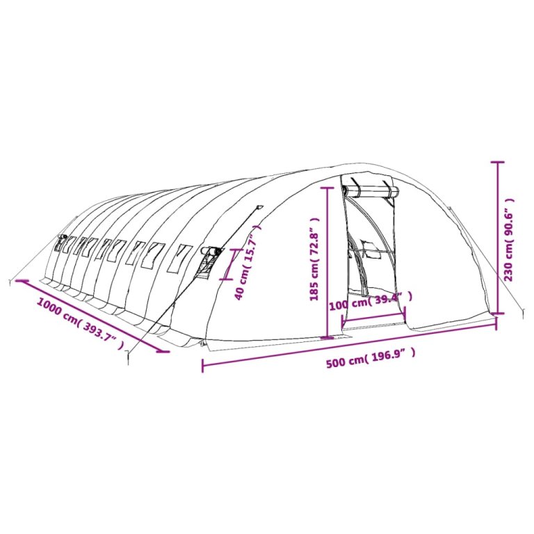 zöld acélvázas melegház 50 m² 10 x 5 x 2,3 m